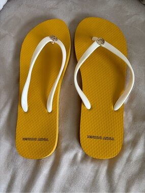 Tory Burch Yellow Flip Flop Sandals with White Straps and Logo Accent